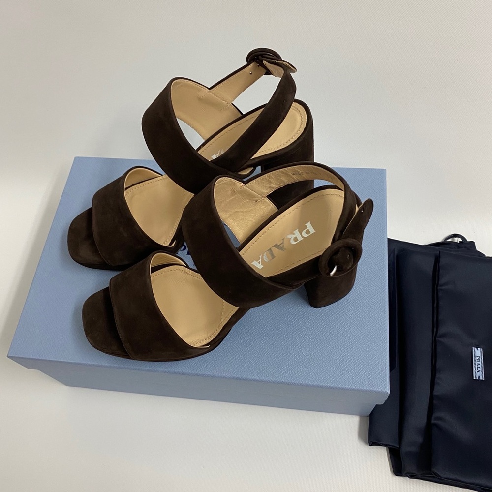Prada Block Heel Suede Sandal